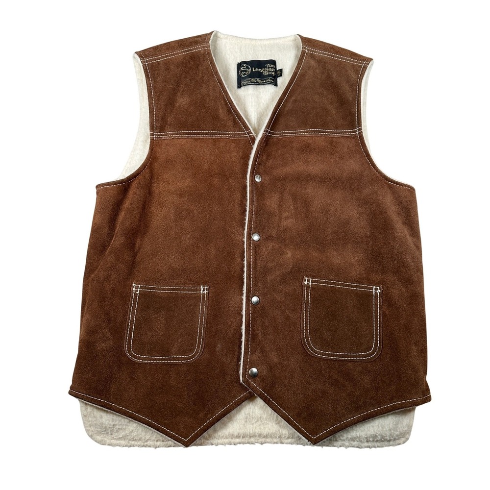 Vintage Sears Leather Shop Men Suede Sherpa Line Vest Brown Med Tall Western 70s
